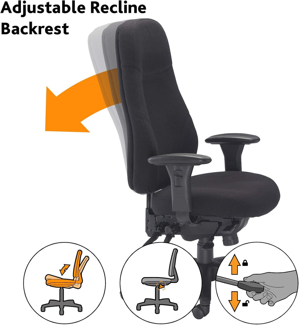 Office Hippo Desk Chair, Ergonomic Heavy Duty Office Chair,Highly Adjustable For Extra Comfort & 24 Hour Daily Use, High Back Computer Chair With Seat Slide, 150 kg User Weight - Black