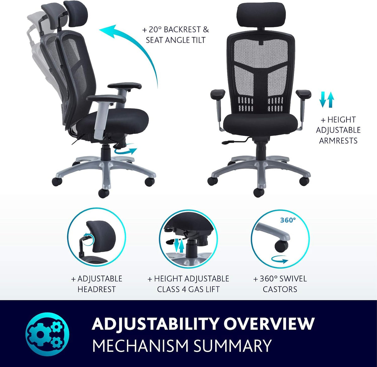Office Hippo Desk Chair, Ergonomic Heavy Duty Office Chair, Fully Adjustable For Extra Comfort & Support, Torsion Control Computer Chair For 24 Hour Use, 152kg User Weight - Black