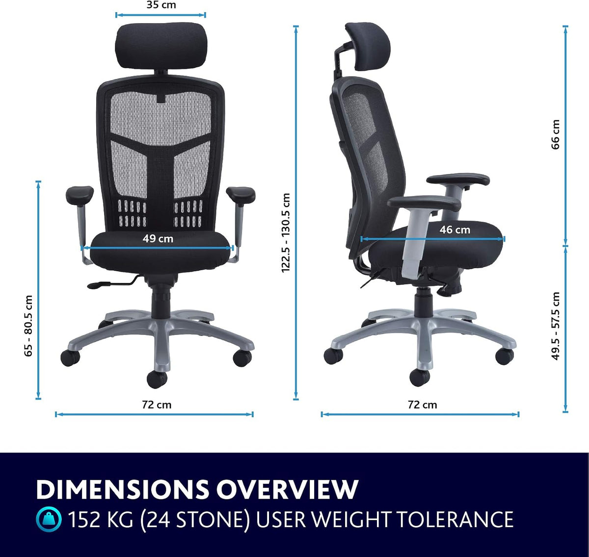 Office Hippo Desk Chair, Ergonomic Heavy Duty Office Chair, Fully Adjustable For Extra Comfort & Support, Torsion Control Computer Chair For 24 Hour Use, 152kg User Weight - Black