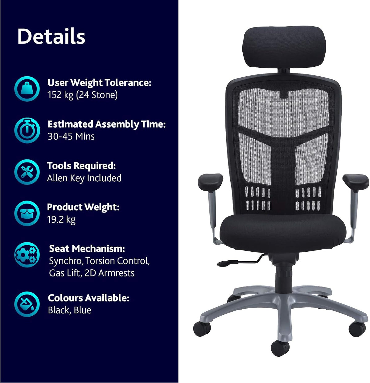 Office Hippo Desk Chair, Ergonomic Heavy Duty Office Chair, Fully Adjustable For Extra Comfort & Support, Torsion Control Computer Chair For 24 Hour Use, 152kg User Weight - Black