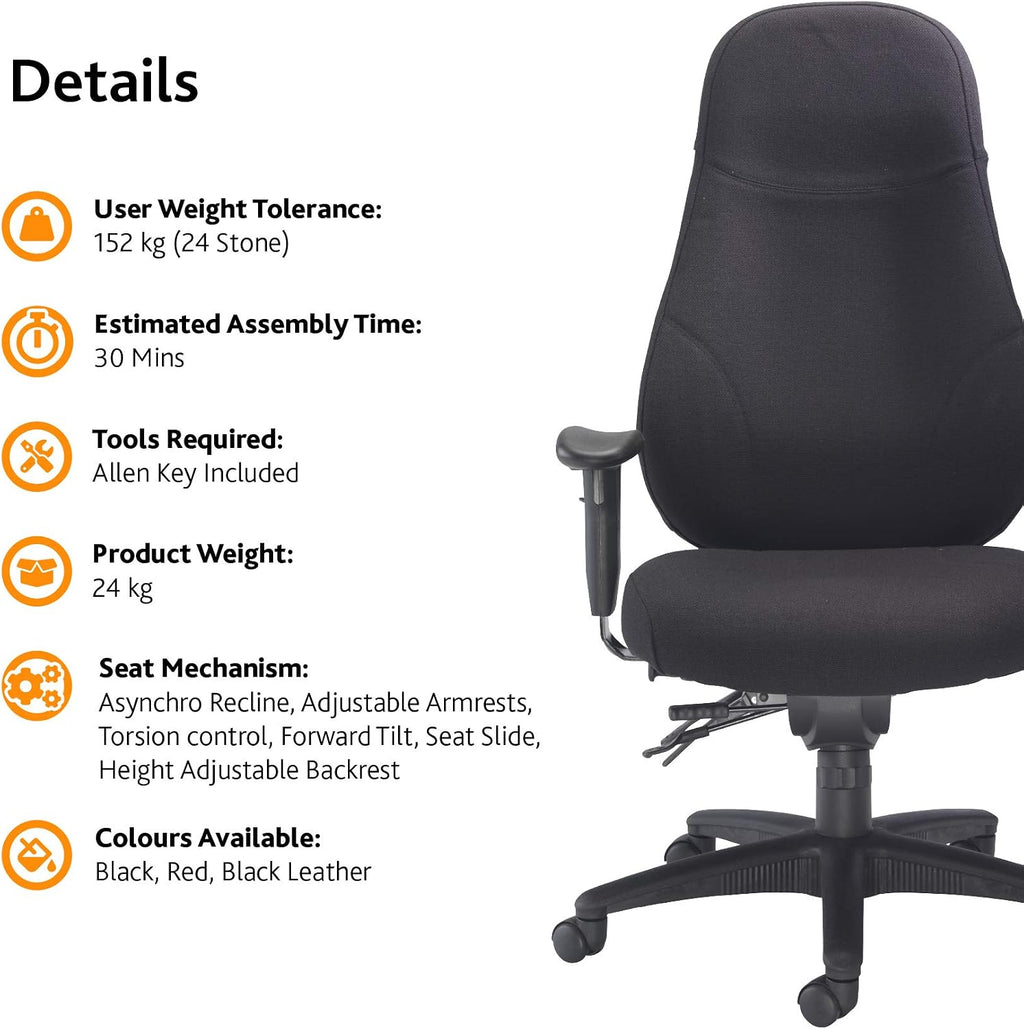 Office Hippo Desk Chair, Ergonomic Heavy Duty Office Chair,Highly Adjustable For Extra Comfort & 24 Hour Daily Use, High Back Computer Chair With Seat Slide, 150 kg User Weight - Black