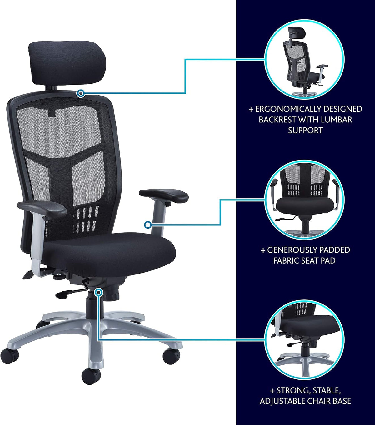 Office Hippo Desk Chair, Ergonomic Heavy Duty Office Chair, Fully Adjustable For Extra Comfort & Support, Torsion Control Computer Chair For 24 Hour Use, 152kg User Weight - Black